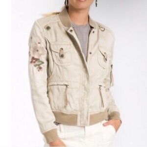 Anthropologie Marrakech Beige utility bomber jacket with embroidered detailing.